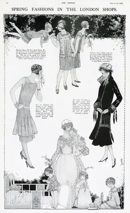 Framed Print : The spring fashion for 1925 women and girls. School girl was simplified. The one in the centre is of figured shantung and santoy, while she has levied a toll on wool marocain for the others. A Parisian black satin coat is worn on a the other woman Framed Print : The spring fashion for 1925 women and girls. School girl was simplified. The one in the centre is of figured shantung and santoy, while she has levied a toll on wool marocain for the others. A Parisian black satin coat is worn on a the other woman