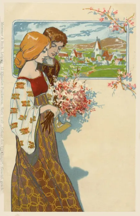 Framed Print : Springtime - a young German couple with a picture of a small rural town in the background Framed Print : Springtime - a young German couple with a picture of a small rural town in the background