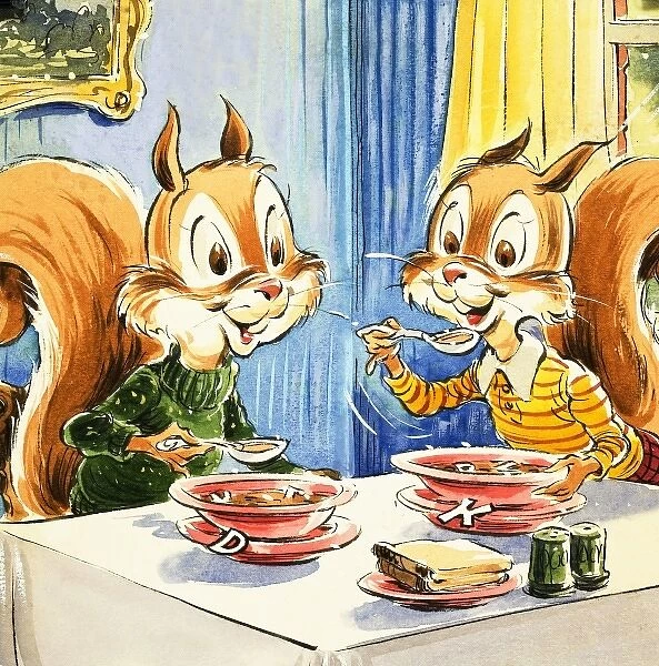 Squirrels sharing alphabet soup