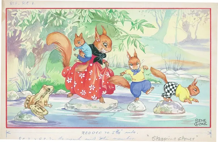 Framed Print : Squirrels on stepping stones and frog or toad Framed Print : Squirrels on stepping stones and frog or toad