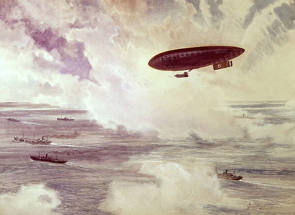 SSZ 63 airship with ships below, WW1
