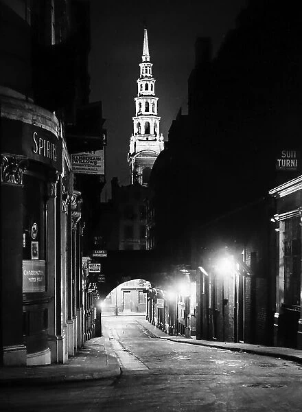 St. Brides Church Steeple London at night, probably 1920s