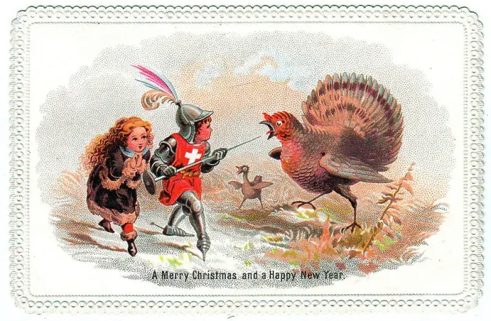 Framed Print : St George and a turkey on a Christmas card Framed Print : St George and a turkey on a Christmas card
