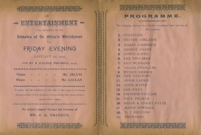 Framed Print : St Giles Workhouse Concert Programme Framed Print : St Giles Workhouse Concert Programme
