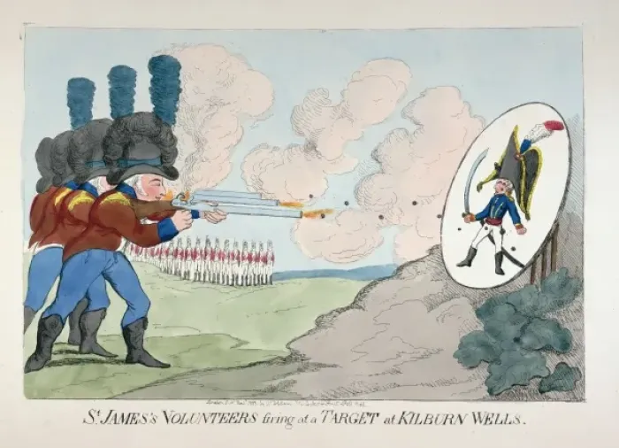 Framed Print : St. Jamess volunteers firing at a target at Kilburn Wells Framed Print : St. Jamess volunteers firing at a target at Kilburn Wells