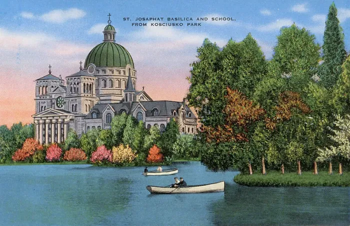 Framed Print : St Josaphat Basilica and School, viewed from Kosciusko Park, Milwaukee, Wisconsin, USA Date: circa 1940 Framed Print : St Josaphat Basilica and School, viewed from Kosciusko Park, Milwaukee, Wisconsin, USA Date: circa 1940