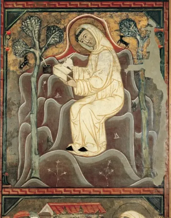 Framed Print : St. Saint Bernard writing. Romanesque art. Tempera on wood Framed Print : St. Saint Bernard writing. Romanesque art. Tempera on wood