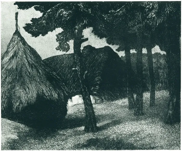 Framed Print : The Stack. A landscape lithograph of some giant haystacks placed among Framed Print : The Stack. A landscape lithograph of some giant haystacks placed among