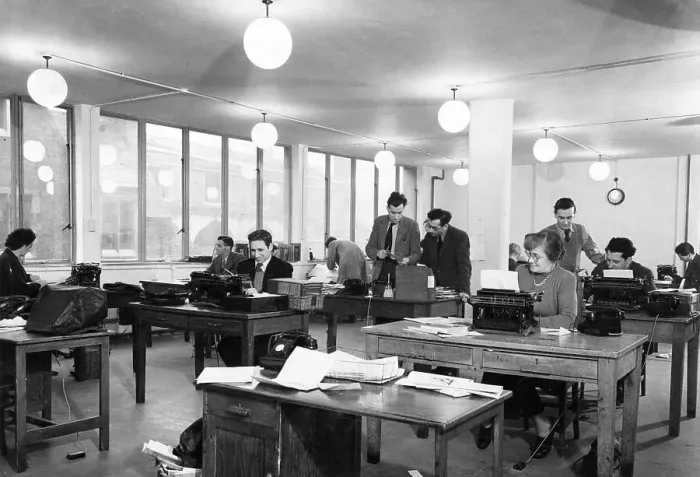 Framed Print : Staff at work, office of Daily Worker newspaper, London Framed Print : Staff at work, office of Daily Worker newspaper, London