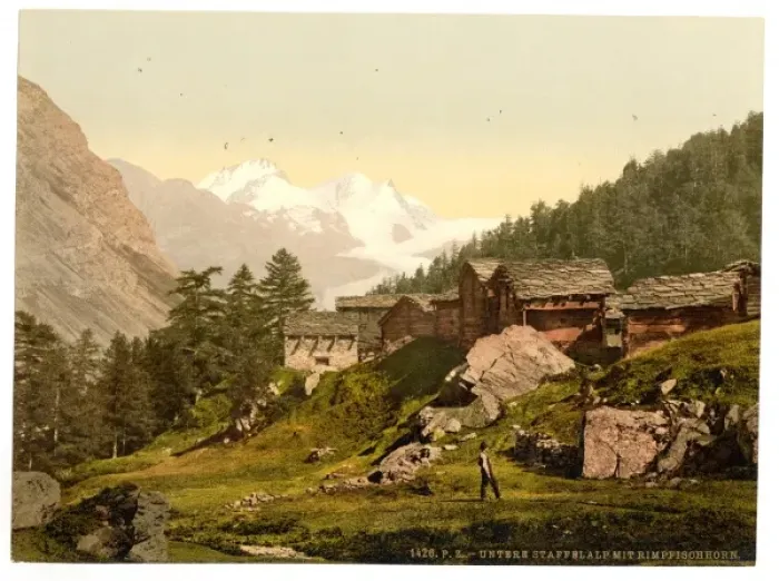 Framed Print : Staffel Alp and Rimpfischhorn, with chalets, Valais, Alps of Framed Print : Staffel Alp and Rimpfischhorn, with chalets, Valais, Alps of