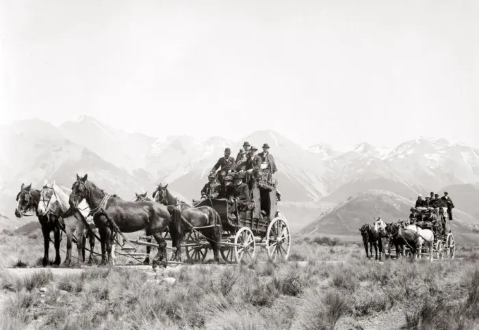 Framed Print : Stage-coaches pulled by five-horse teams, c. 1890 s Framed Print : Stage-coaches pulled by five-horse teams, c. 1890 s
