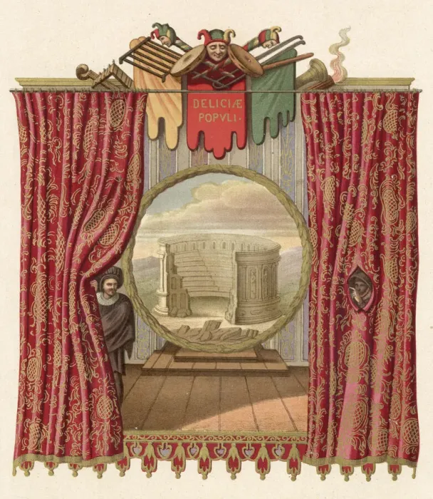 Framed Print : Stage, with curtain and peep- hole, and painted backdrop beyond Date: 17th century Framed Print : Stage, with curtain and peep- hole, and painted backdrop beyond Date: 17th century