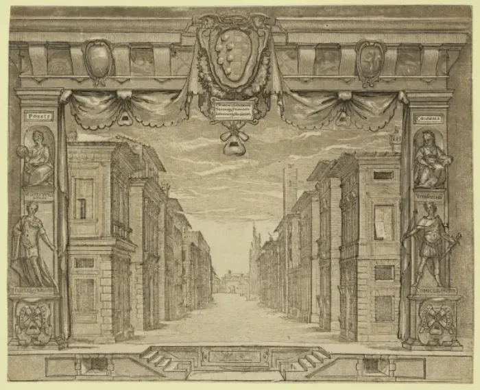 Framed Print : Stage design for L Ortensio, 1589 Framed Print : Stage design for L Ortensio, 1589