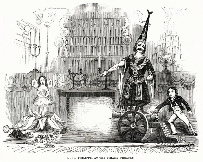 Framed Print : The stage magician, Monsieur Philippe, performs a magic trick involving a cannon Framed Print : The stage magician, Monsieur Philippe, performs a magic trick involving a cannon