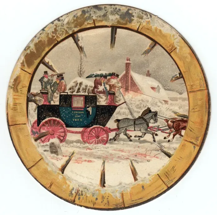Framed Print : Stagecoach and horses on a circular Christmas card Framed Print : Stagecoach and horses on a circular Christmas card