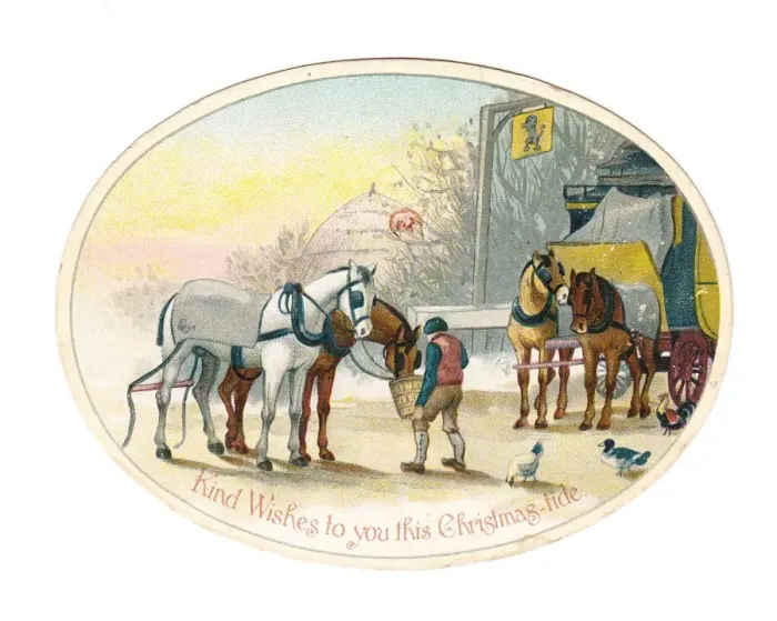 Framed Print : Stagecoach at a wayside inn on an oval Christmas card Framed Print : Stagecoach at a wayside inn on an oval Christmas card
