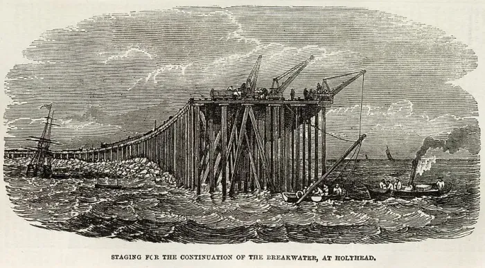 Framed Print : Staging for the continuation of the Breakwater at Holyhead. Date: 1853 Framed Print : Staging for the continuation of the Breakwater at Holyhead. Date: 1853