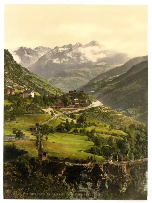 Framed Print : Stalden, railway station and hotel, Valais, Alps of, Switzer Framed Print : Stalden, railway station and hotel, Valais, Alps of, Switzer