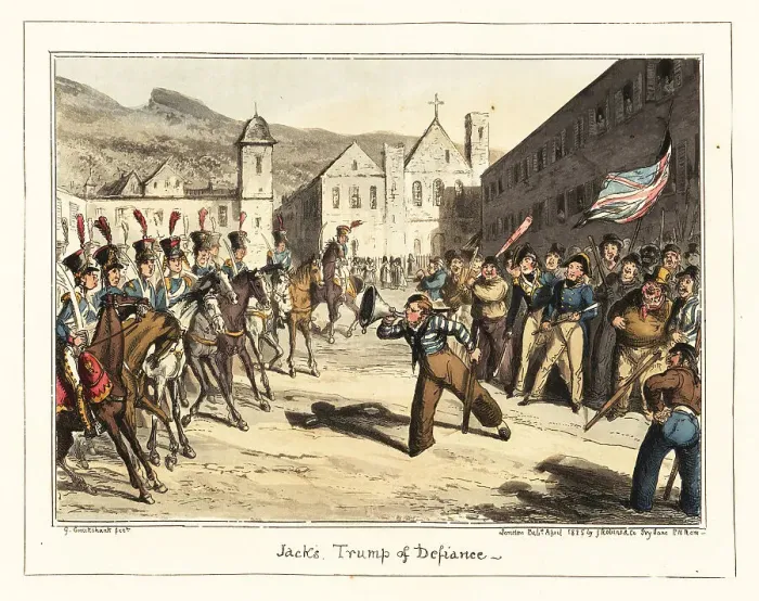 Framed Print : A stand-off between British sailors and Brazilian cavalry, 1807 Framed Print : A stand-off between British sailors and Brazilian cavalry, 1807