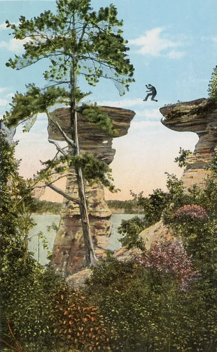 Framed Print : Stand Rock, Wisconsin River, Wisconsin, USA (a small jumping figure appears to have been drawn on by hand) Date: 1932