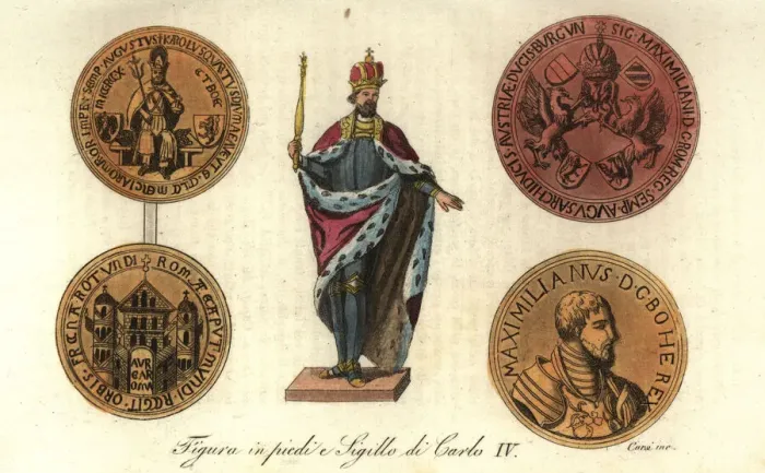 Framed Print : Standing figure and Golden Bull seals of HRE Charles IV Framed Print : Standing figure and Golden Bull seals of HRE Charles IV
