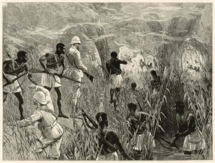 Framed Print : Stanley in Africa: the vanguard attacked Framed Print : Stanley in Africa: the vanguard attacked