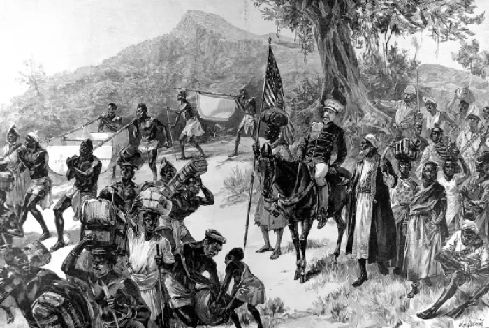 Framed Print : Stanley and Tippoo Tib leaving Matadi, 1887 Framed Print : Stanley and Tippoo Tib leaving Matadi, 1887