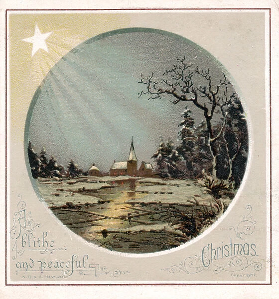 Starlit snow scene with church on a Christmas card