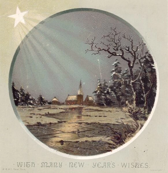 Starlit snow scene with church on a New Year card