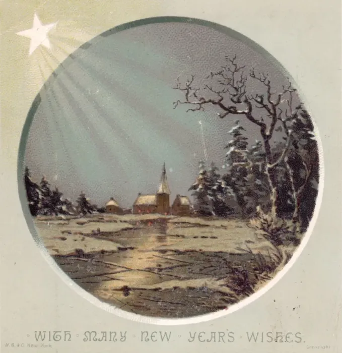 Framed Print : Starlit snow scene with church on a New Year card Framed Print : Starlit snow scene with church on a New Year card