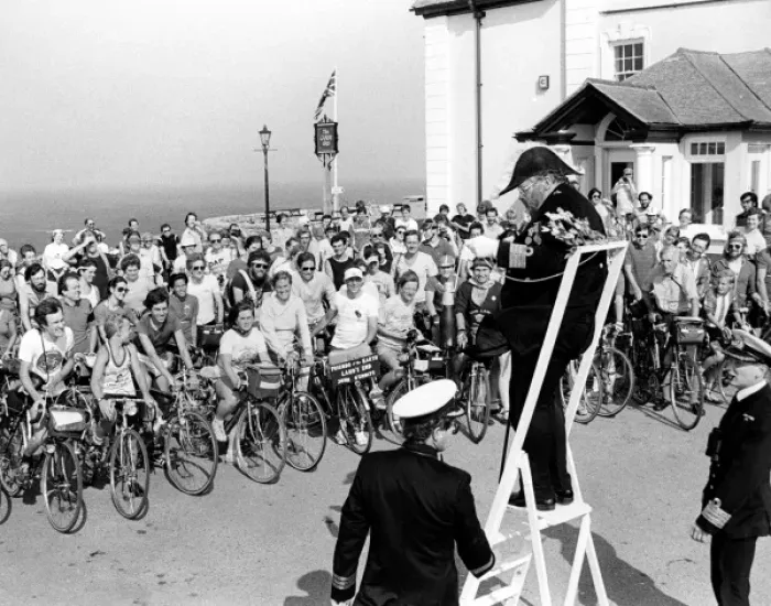 Framed Print : Start of a charity cycle ride, Lands End Framed Print : Start of a charity cycle ride, Lands End