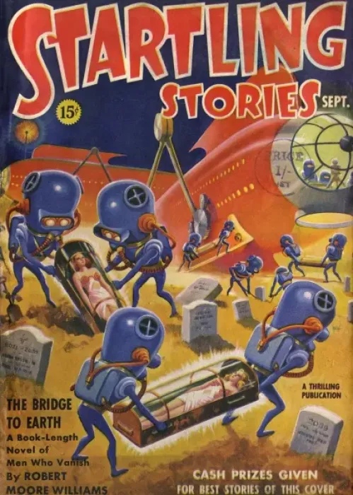 Framed Print : Startling Stories Scifi Magazine Cover, Aliens grave robbing Framed Print : Startling Stories Scifi Magazine Cover, Aliens grave robbing