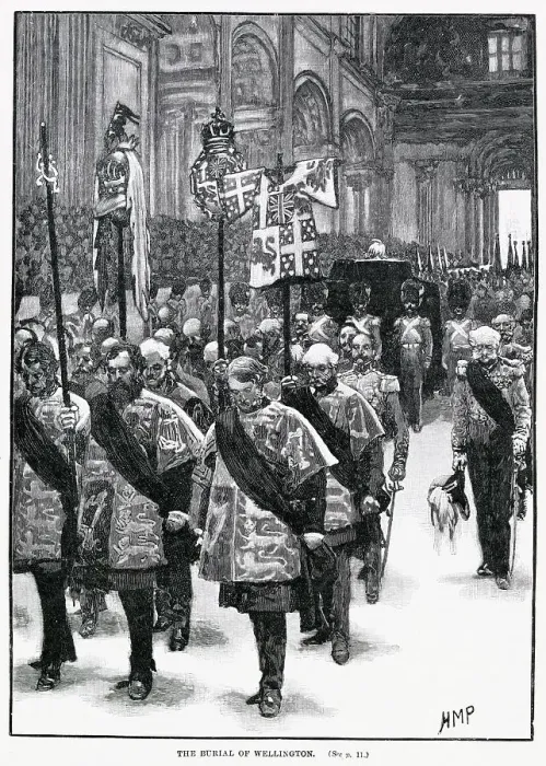 Framed Print : The State funeral of Arthur Wellesley, 1st Duke of Wellington's coffin on the burial in St Paul's Cathedral, London. Date: 18th November 1852 Framed Print : The State funeral of Arthur Wellesley, 1st Duke of Wellington's coffin on the burial in St Paul's Cathedral, London. Date: 18th November 1852