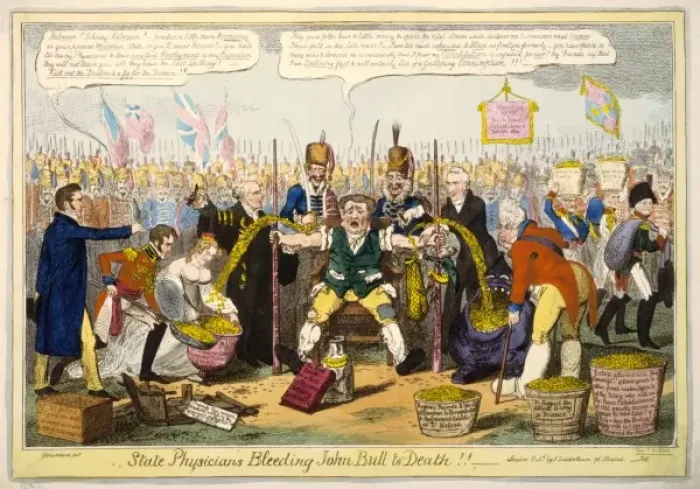 Framed Print : State physicians bleeding John Bull to death Framed Print : State physicians bleeding John Bull to death
