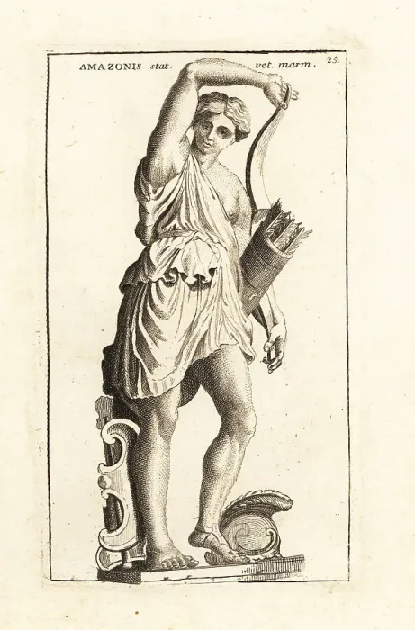 Framed Print : Statue of an Amazon woman with bow, quiver of arrows, wearing a Framed Print : Statue of an Amazon woman with bow, quiver of arrows, wearing a
