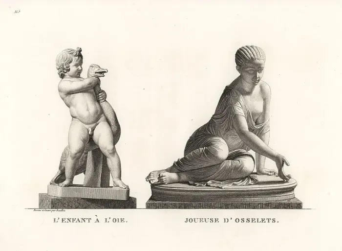 Framed Print : Statues of a boy and goose, girl with dice Framed Print : Statues of a boy and goose, girl with dice