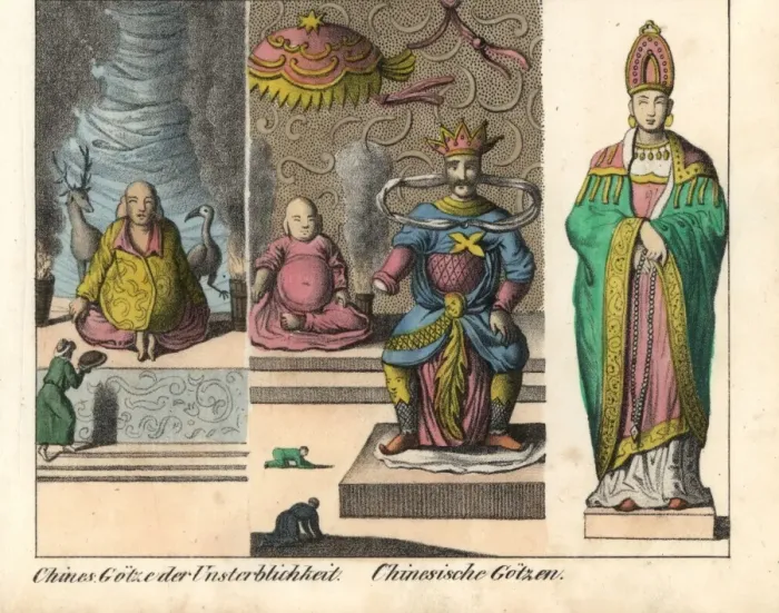 Framed Print : Statues of Chinese immortal gods, people kowtowing Framed Print : Statues of Chinese immortal gods, people kowtowing