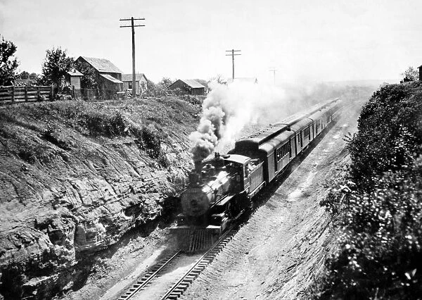 A steam engine railway train in America