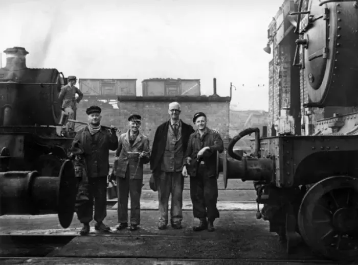 Framed Print : Steam fitters at loco shed, Exeter St Davids, Devon Framed Print : Steam fitters at loco shed, Exeter St Davids, Devon