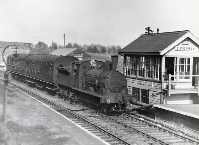 Framed Print : Steam locomotive and passenger carriages alongside a signal box near Lavenham, Suffolk. Date: circa 1960s Framed Print : Steam locomotive and passenger carriages alongside a signal box near Lavenham, Suffolk. Date: circa 1960s