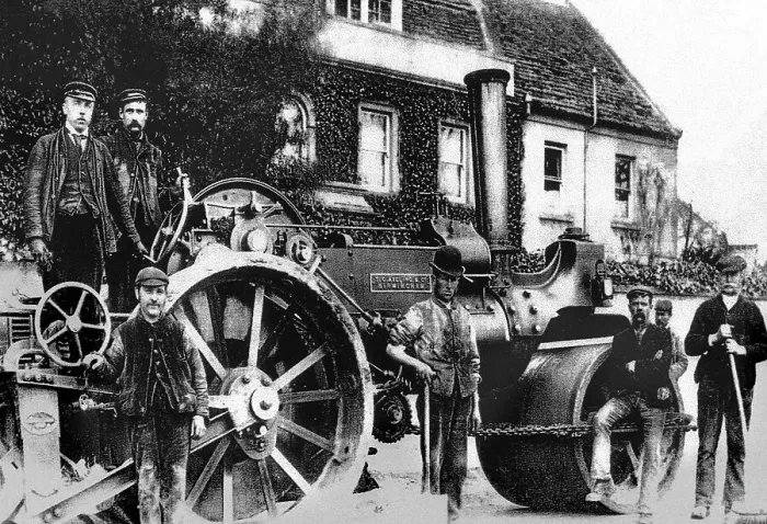 Framed Print : Steam roller and road gang Victorian period Framed Print : Steam roller and road gang Victorian period