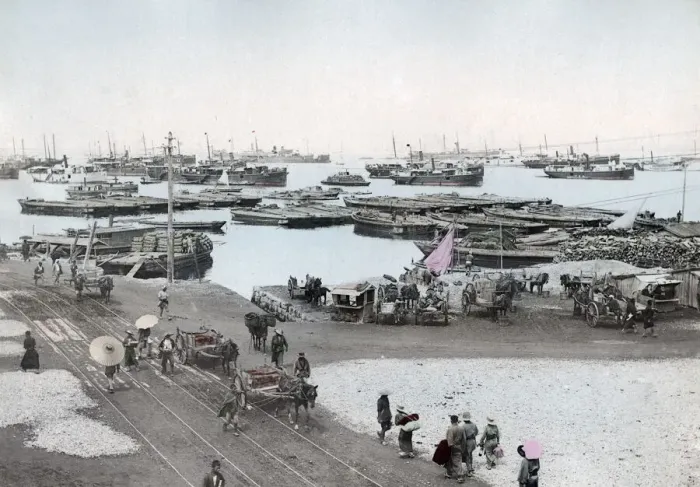 Framed Print : Steam ships in the harbour, Hakodate, Japan, c. 1890 Vintage late 19th century photograph Framed Print : Steam ships in the harbour, Hakodate, Japan, c. 1890 Vintage late 19th century photograph