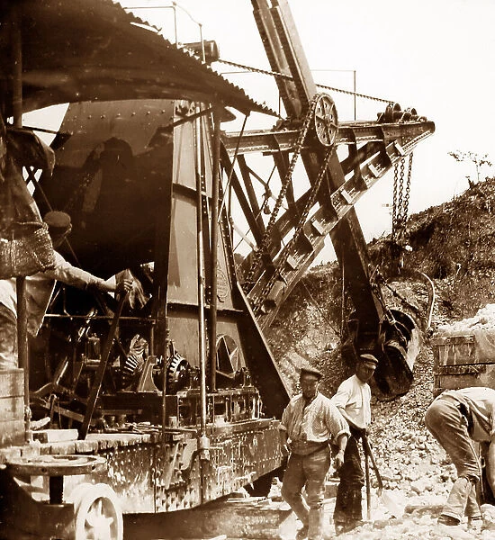 Steam shovel and Navvies building a railway