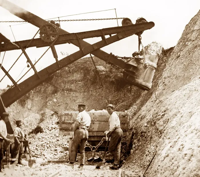 Framed Print : Steam shovel and Navvies building a railway Framed Print : Steam shovel and Navvies building a railway