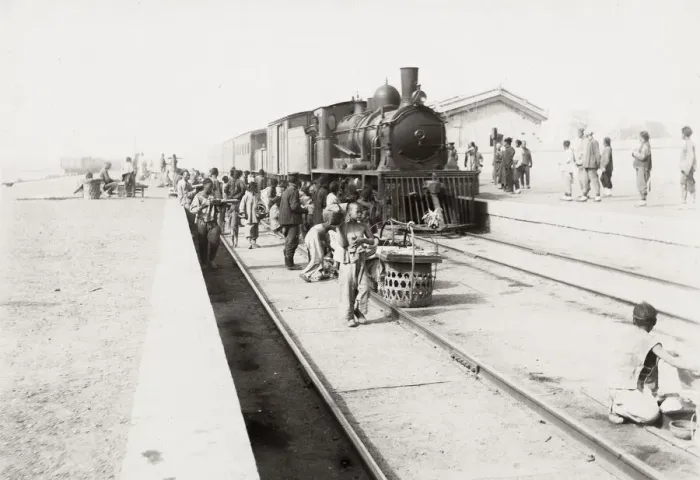 Framed Print : Steam train in a station, China, c. 1910 Framed Print : Steam train in a station, China, c. 1910
