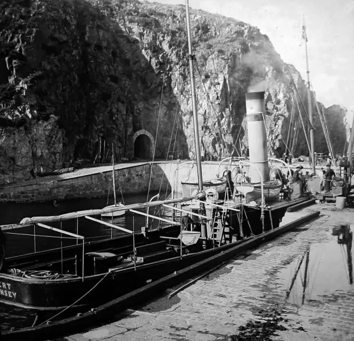 Framed Print : Steamboat Alert in Creux Harbour, Sark, Victorian period Framed Print : Steamboat Alert in Creux Harbour, Sark, Victorian period