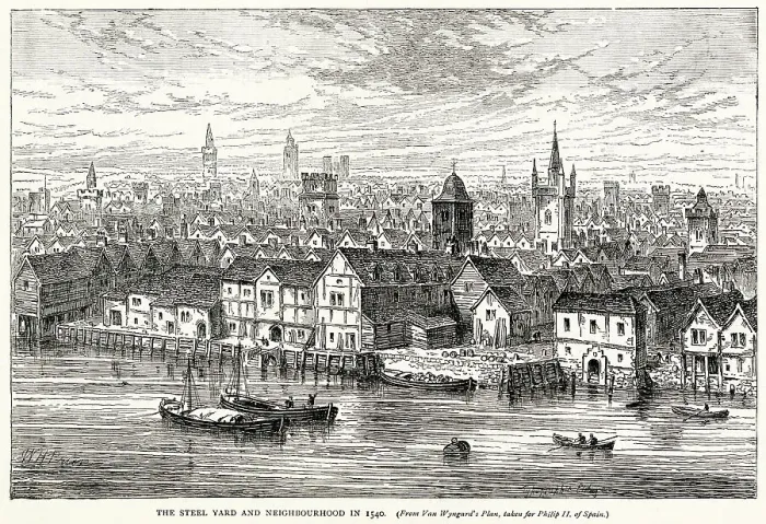 Framed Print : The Steel yard and neighbourhood, located on the north bank of the River Thames by the outflow of the Walbrook, in the Dowgate ward of the City of London Framed Print : The Steel yard and neighbourhood, located on the north bank of the River Thames by the outflow of the Walbrook, in the Dowgate ward of the City of London