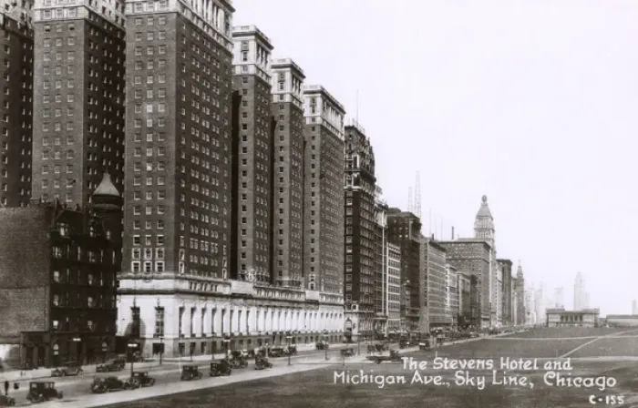 Framed Print : The Stevens Hotel and Michigan Avenue, Sky Line, Chicago Framed Print : The Stevens Hotel and Michigan Avenue, Sky Line, Chicago