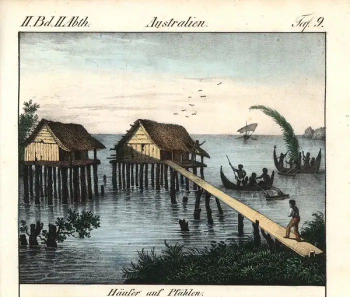 Framed Print : Stilt houses on Rawak Island and outrigger canoes Framed Print : Stilt houses on Rawak Island and outrigger canoes
