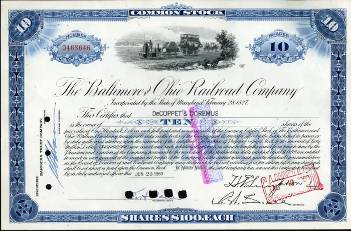 Framed Print : Stock Share Certificate - Baltimore and Ohio Railroad Compan Framed Print : Stock Share Certificate - Baltimore and Ohio Railroad Compan